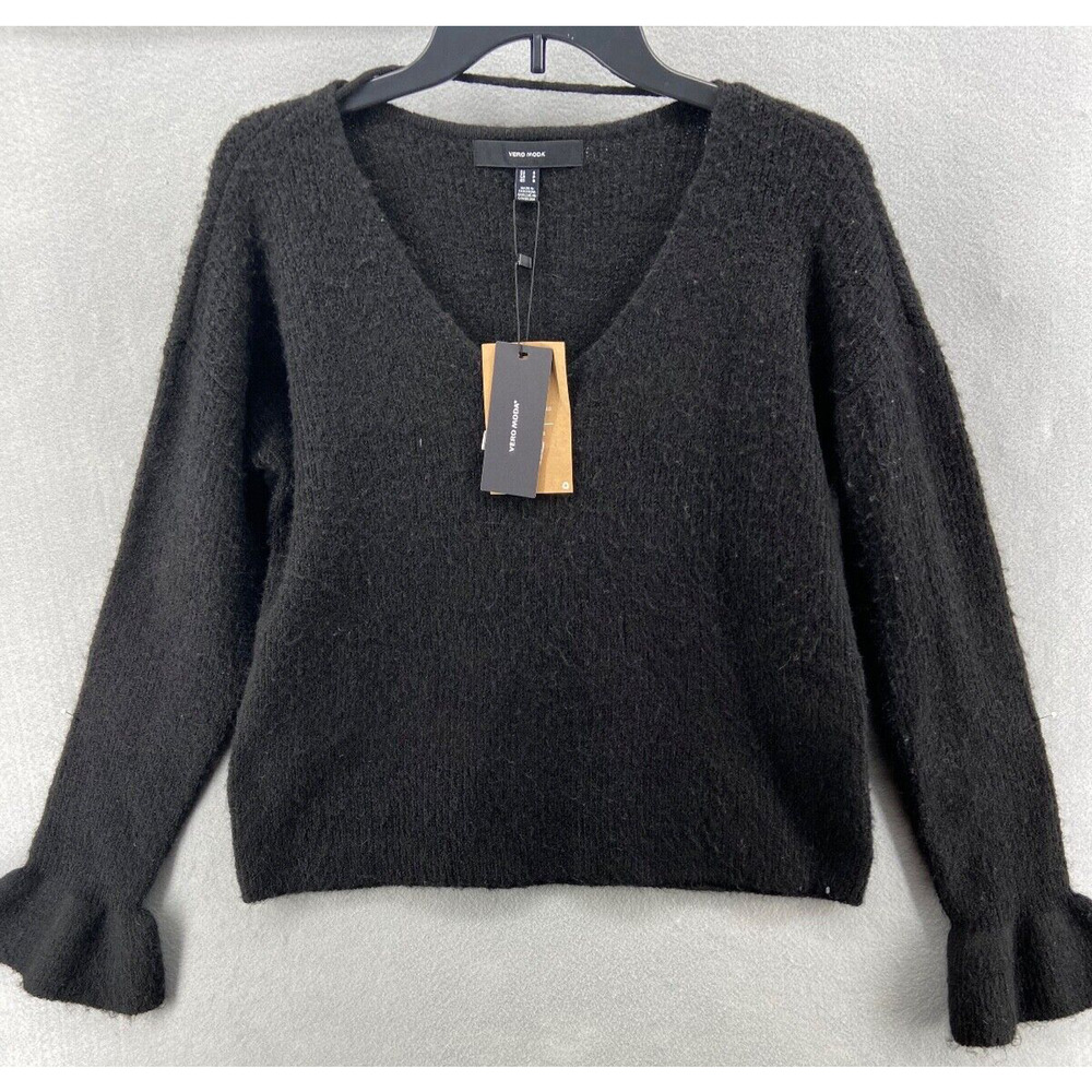 NWT Vero Moda Sweater Womens Sz S Simone Black Long Bell Flutter Sleeve V-Neck